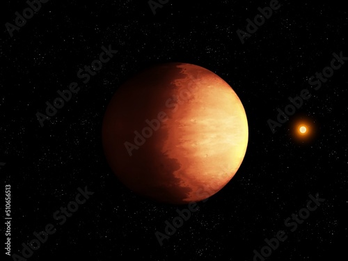 Distant red exoplanet with a star. Alien desert planet in space. Abstract background image.