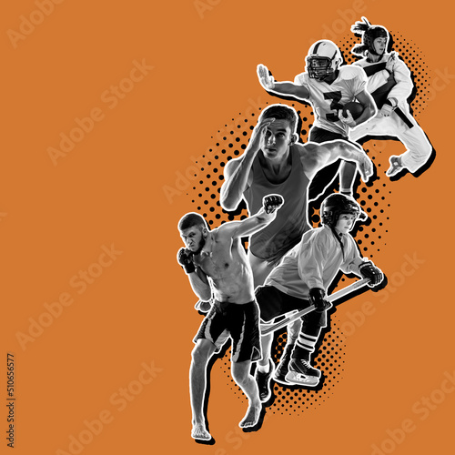 Sport collage. Poster graphics. Mma fighter, hockey, boxing, karate and running. Sportive men and women isolated on dark orange background.