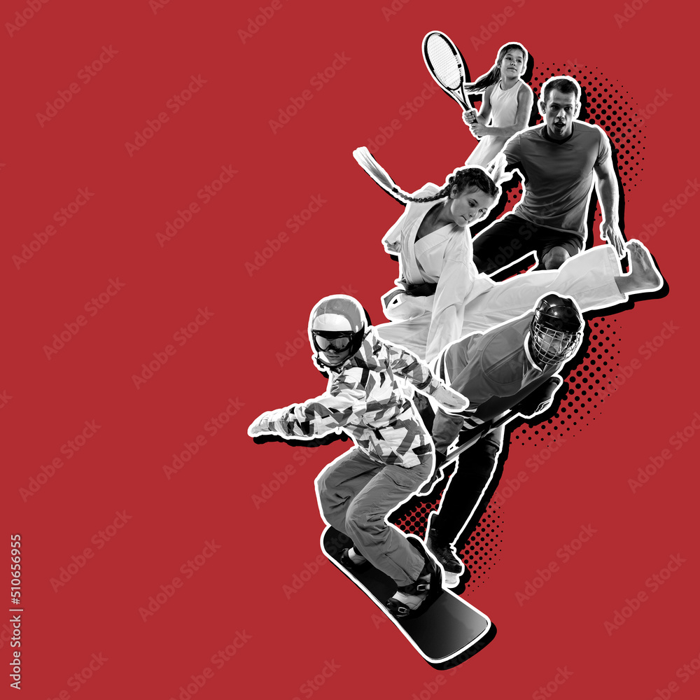 Sport collage. Poster graphics. Tennis, karate, soccer and snowboarding. Sportsmen isolated on dark red background.