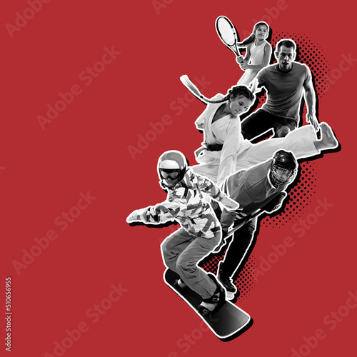 Sport collage. Poster graphics. Tennis, karate, soccer and snowboarding. Sportsmen isolated on dark red background. © master1305