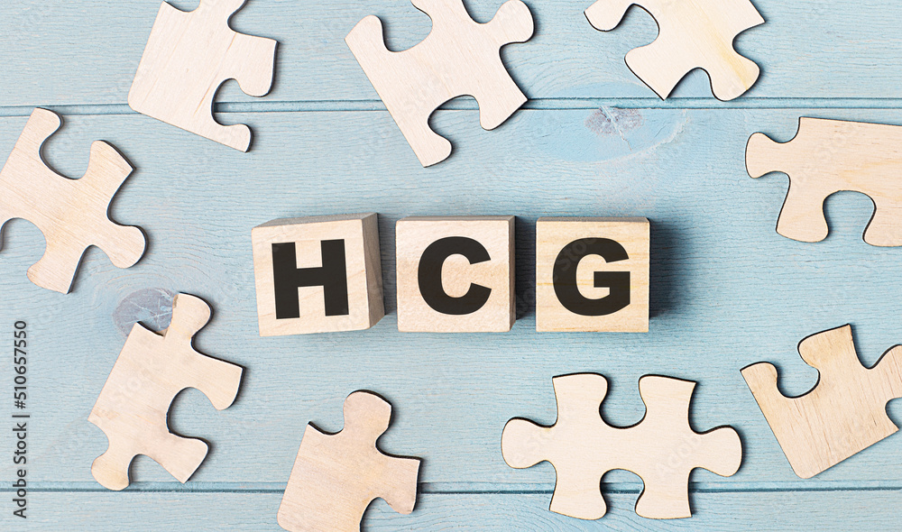 Blank puzzles and wooden cubes with the text HCG Human Chorionic Gonadotrophin lie on a light blue background. Blank puzzles and wooden cubes with the text HCG Human Chorionic Gonadotrophin lie on a light blue background.