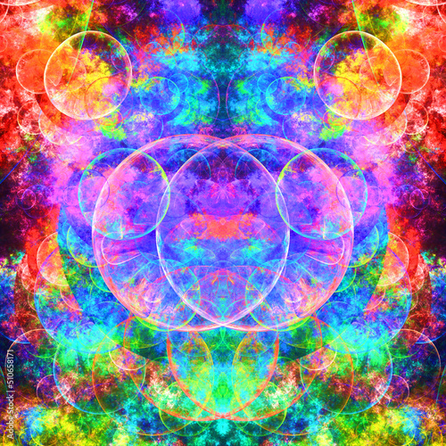 Creación de arte digital fractal compuesto de círculos translúcidos y nubes de humo coloridas en un conjunto que simula ser una fuente milenaria de burbujas luminosas.
