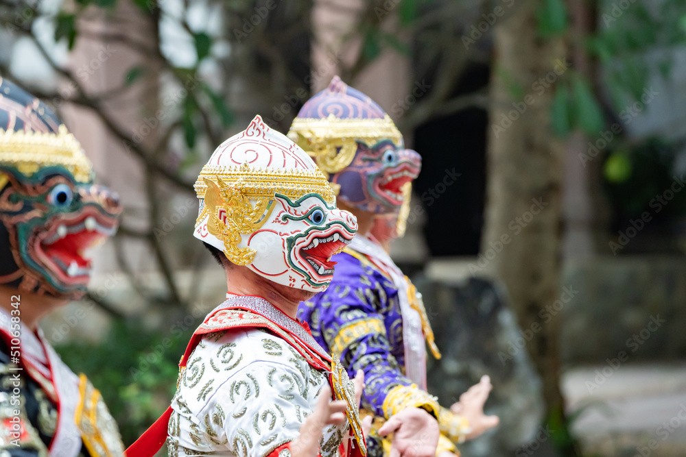 The performance of Thai traditional drama story Khon epic, Ramakien or Ramayana with Hanuman (white monkey) and others.