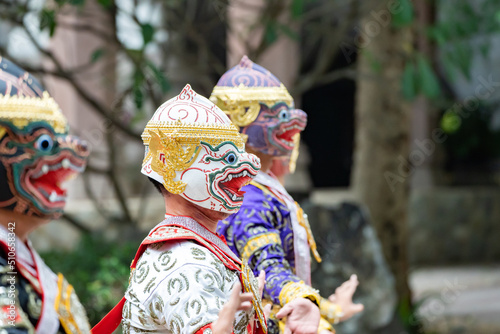 The performance of Thai traditional drama story Khon epic, Ramakien or Ramayana with Hanuman (white monkey) and others.