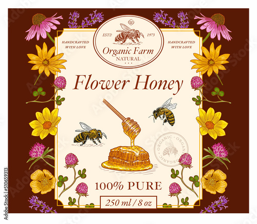 Honey label design template with flower and honeycomb