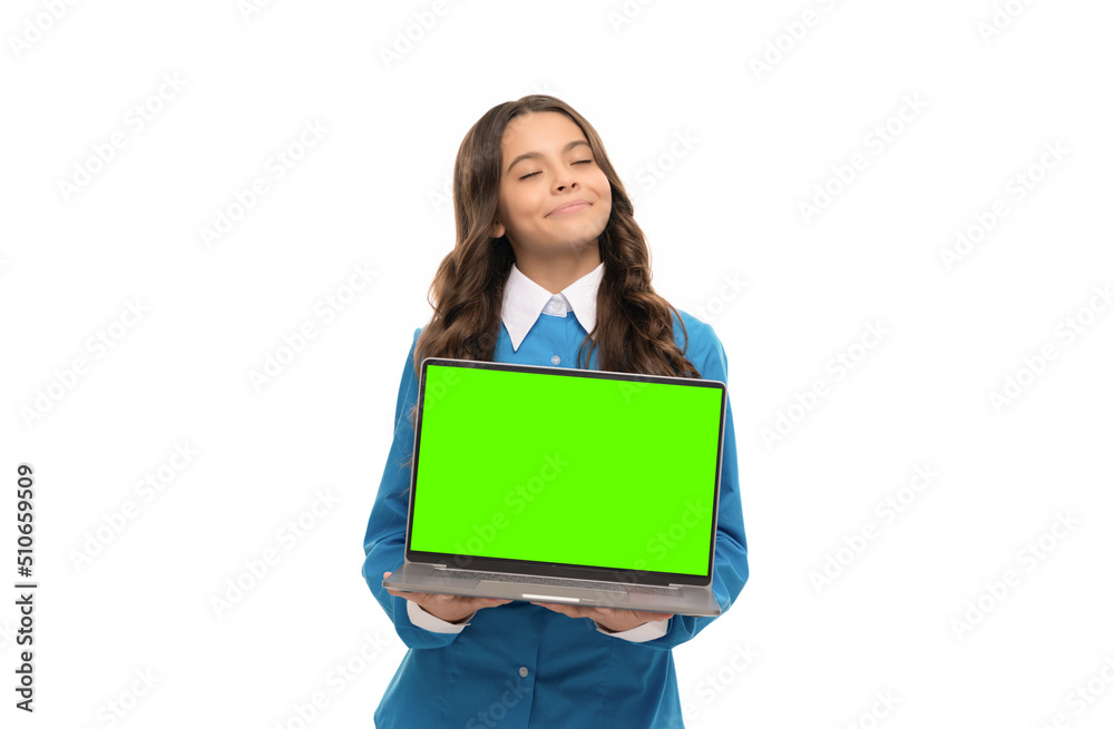 dreamy child long curly hair showing presentation on laptop screen isolated on white, presentation dreamy child long curly hair showing presentation on laptop screen isolated on white, presentation