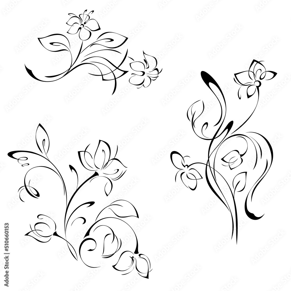 decorative element with stylized blooming flowers on stems with leaves and swirls. graphic decor, SET