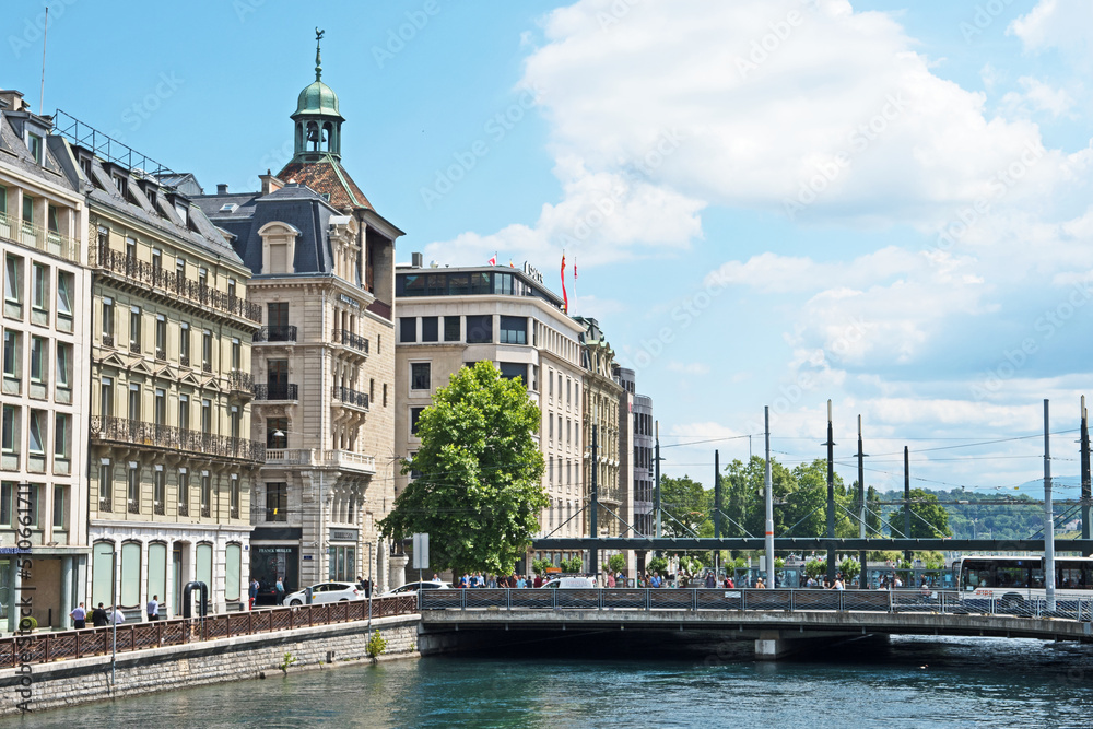 A view of the bridge at Place Bel-Air in Geneva, Switzerland, with the River Rhone in the foreground.
