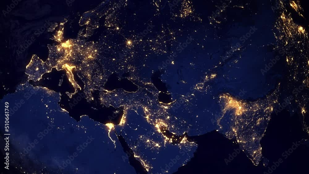 Animation from Europe to Asia at night. Earth from space with city lights showing human activity in China, Japan, South Korea, Hong Kong, India, Middle East. Animation from Europe to Asia at night. Earth from space with city lights showing human activity in China, Japan, South Korea, Hong Kong, India, Middle East.