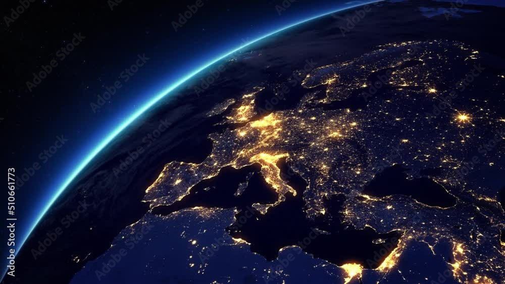 View of Europe from Space Satellite. Cities at Night. 3d Animation Modern Business and Technology Concept.