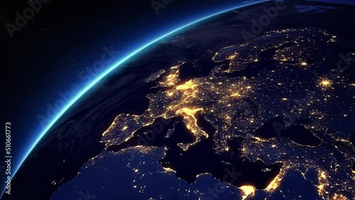 View of Europe from Space Satellite. Cities at Night. 3d Animation Modern Business and Technology Concept.