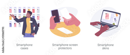 Smartphone protection accessories isolated cartoon vector illustrations set.