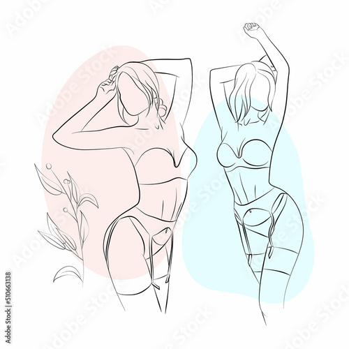 Vector illustration set of a young woman in lingerie: bra, panties, belt and stockings with floral ornament and abstracts on the background