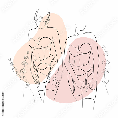 Vector illustration set of a young woman in lingerie: bra, panties, belt and stockings with floral ornament and abstracts on the background