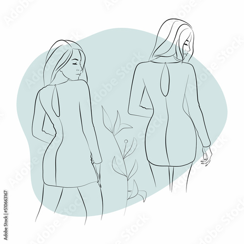 Vector illustration of a young woman in evening dress with floral ornament and abstracts