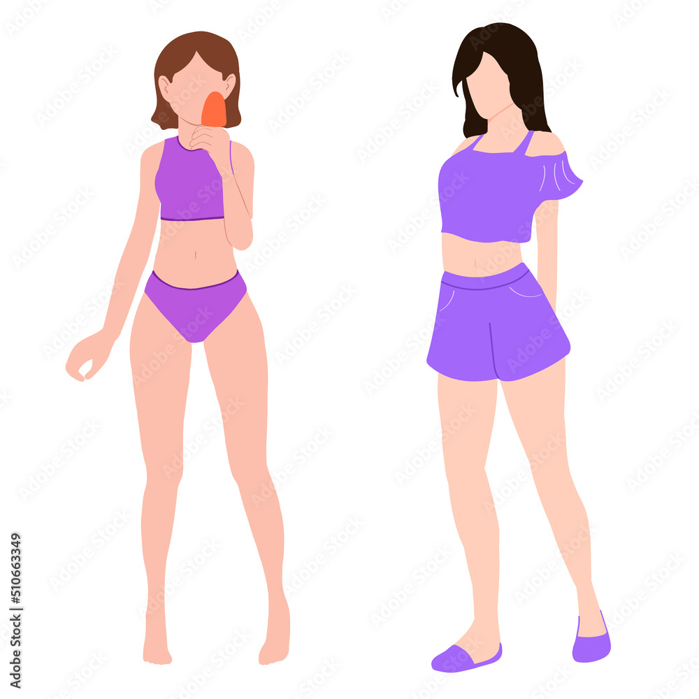 Summer party Women in swimsuits on the beach. Vector illustration of women in a swimsuit and in summer clothes Summer time. Summer vacation Fashionable girls with different hairstyles Summer party Women in swimsuits on the beach. Vector illustration of women in a swimsuit and in summer clothes Summer time. Summer vacation Fashionable girls with different hairstyles