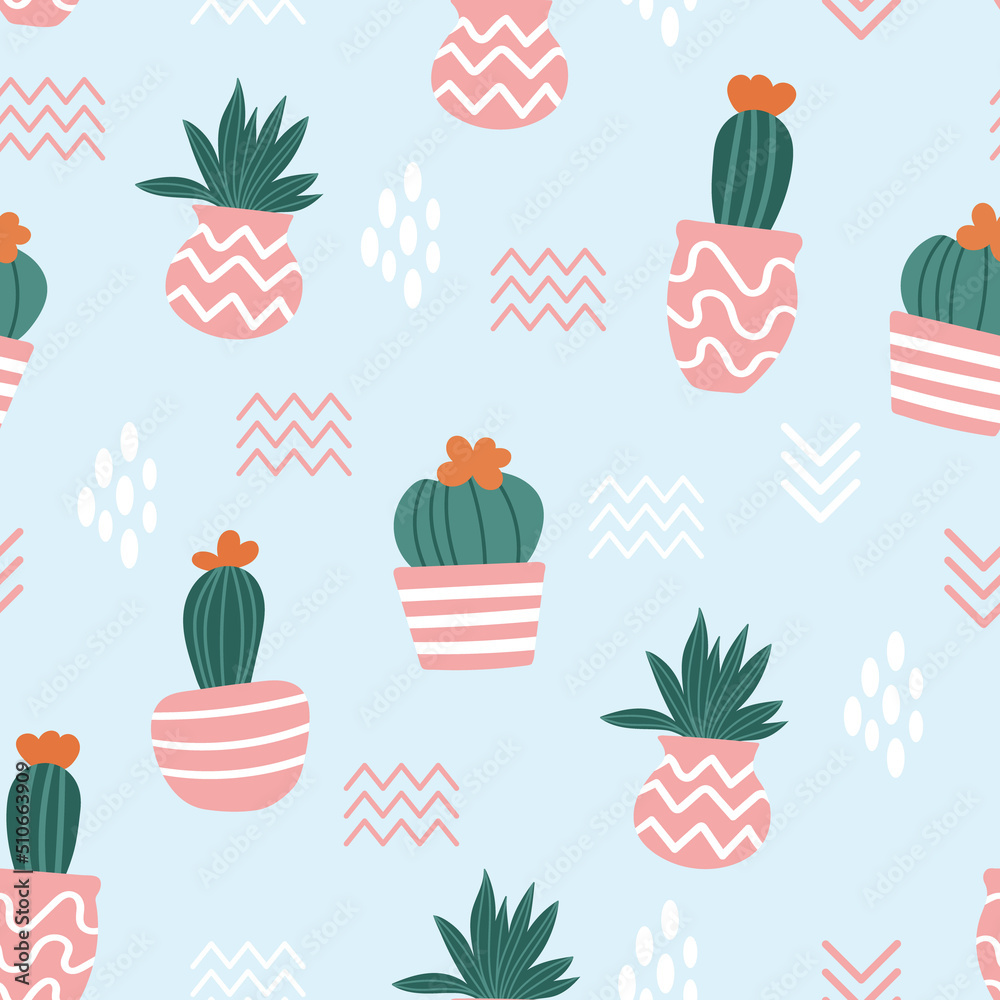 Seamless pattern made with cute cacti in pink pots. Light blue background, white spots.