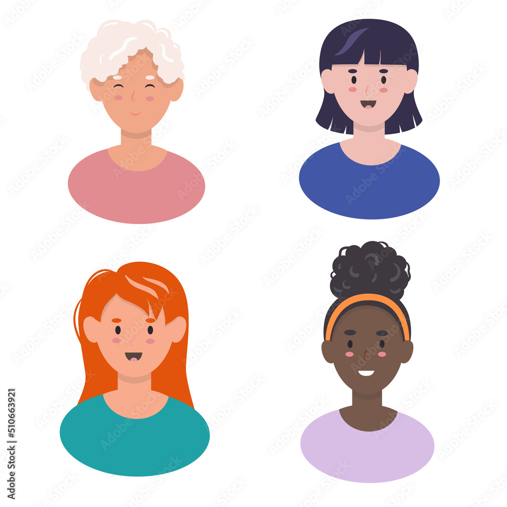Set of female people avatars. Diverse group of women in various ages, skin colors, nationalities. Happy face expression. Set of female people avatars. Diverse group of women in various ages, skin colors, nationalities. Happy face expression.