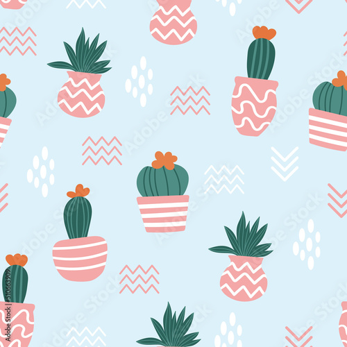 Seamless pattern made with cute cacti in pink pots. Light blue background, white spots.