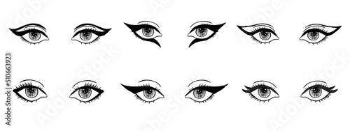 Collection of various types of eyeline makeup. Beautiful woman eyes with black arrows. Illustration how look can change depending of make-up.
