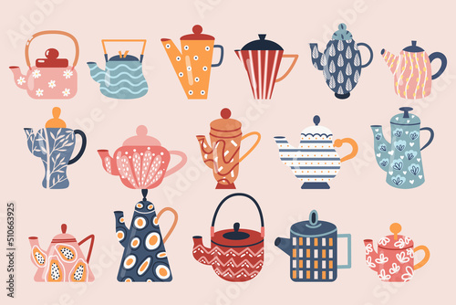 Set of vintage and modern tea pots with various shapes and prints. Cute kitchenware. Trendy colors, hand drawn style.