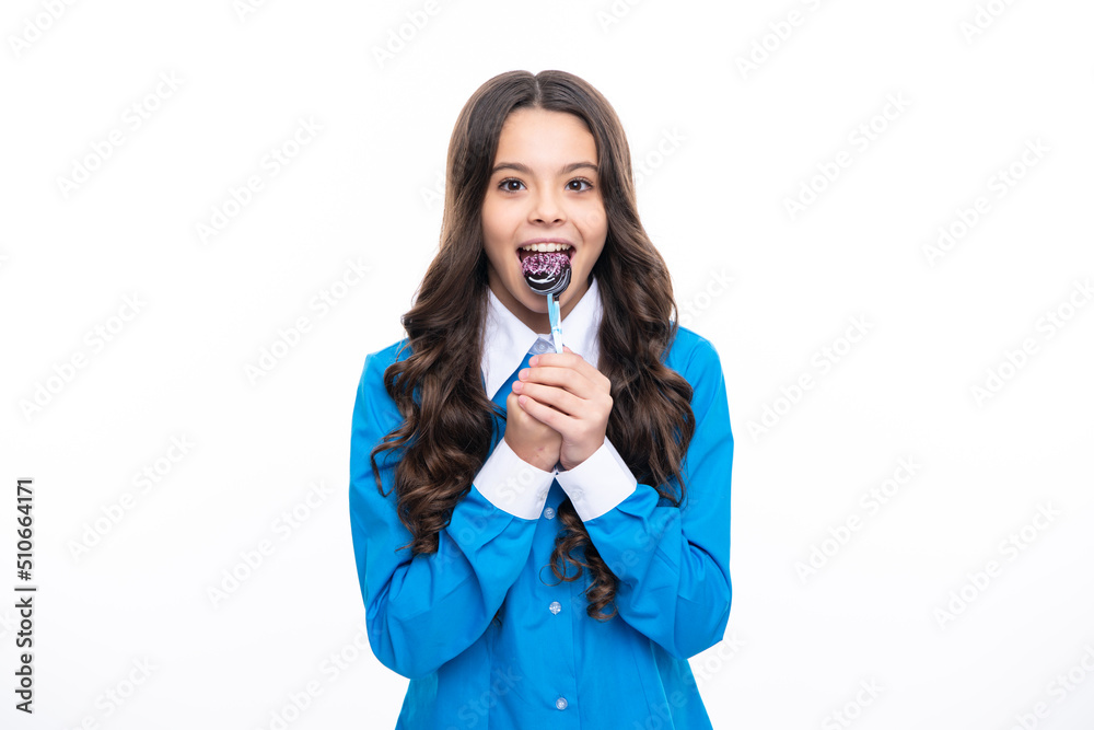 Teenager girl with caramel candies on sticks, sweet sugar addiction. Child with lollipops. Teenager girl with caramel candies on sticks, sweet sugar addiction. Child with lollipops.