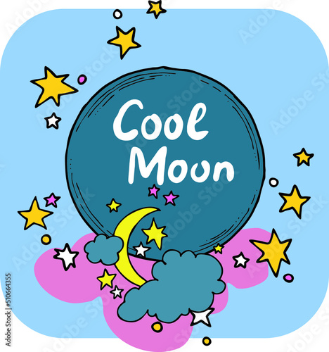 Good night theme frame with moon, stars and clouds on the dark sky. Quotes background, poster, card decoration. Hand drawn colourful vector illustration. Cartoon retro vintage boho style drawing.