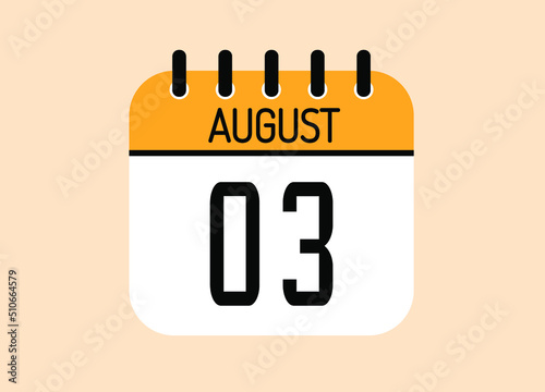 Day 3 August calendar template. Banner for the month of august.