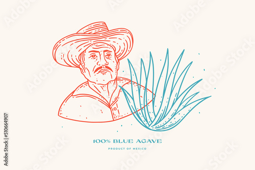 Mexican male farmer and blue agave bush. Vector illustration on a light isolated background.
