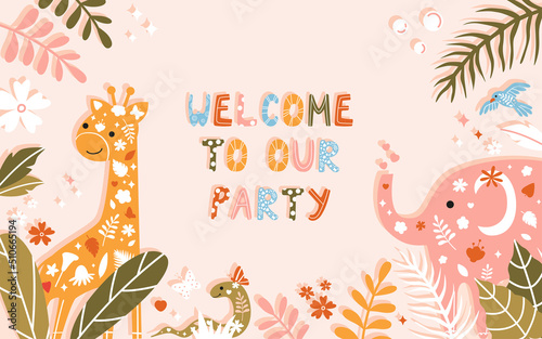 Photography Cute baby birthday template with young safari animals drawn in cartoon style