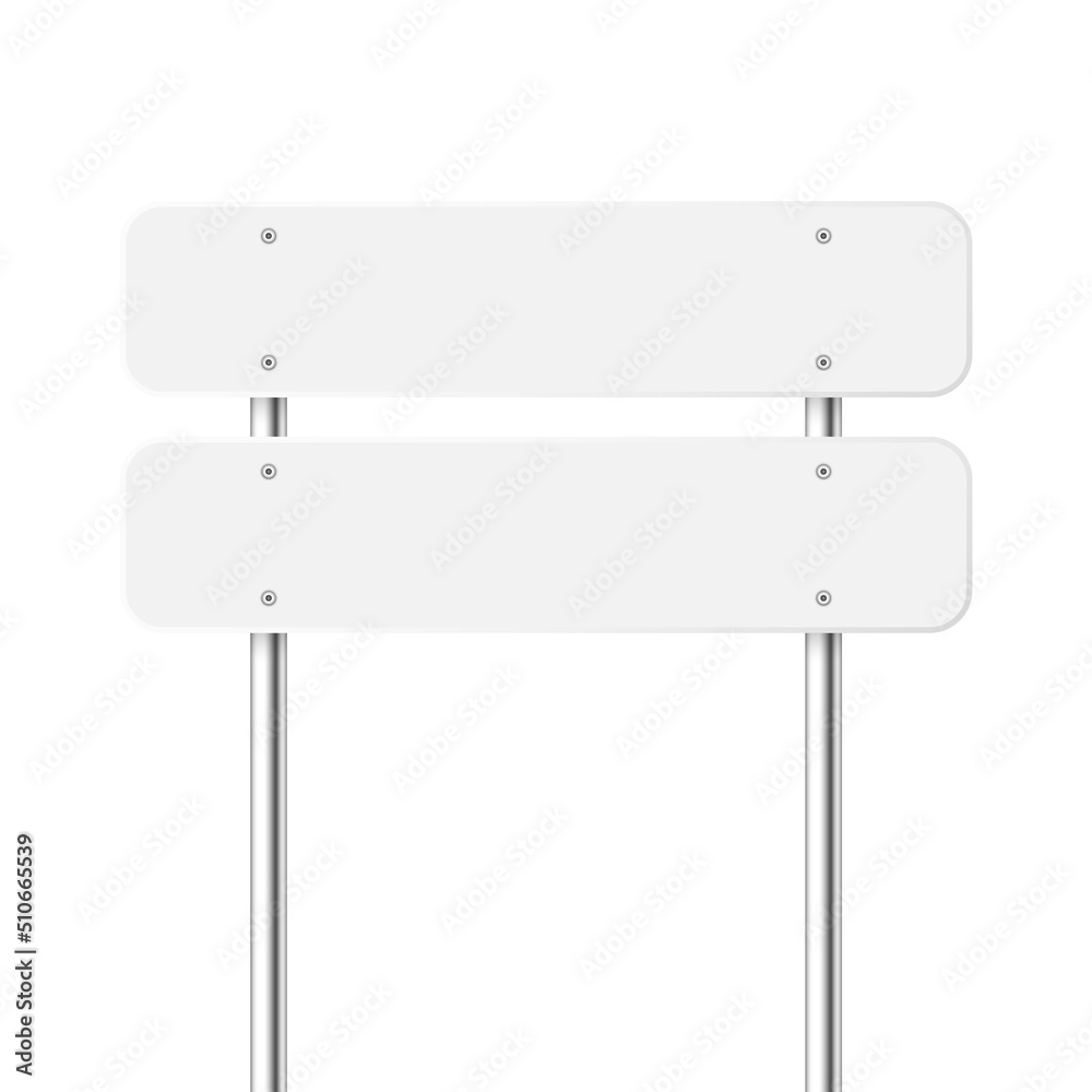 Obraz premium Road, traffic sign. Highway signboard on a chrome metal pole. Blank white board with place for text. Directional signage and wayfinder. Information sign mockup. Vector illustration.