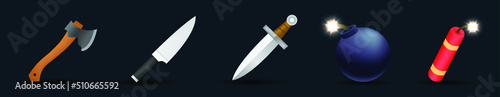 Sword, knife, axe, dynamite and bomb emoji vector illustration isolated on background. Emoji set. 3d illustration.