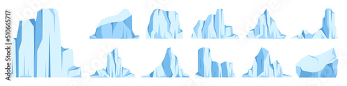 Floating icebergs collection. Drifting arctic glacier, block of frozen ocean water. Icy mountains with snow. Melting ice peak. Antarctic snowy landscape. South and North Pole. Vector illustration.
