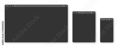 Blank web browser window with toolbar and search field. Modern website, internet page in flat style. Browser mockup for computer, tablet and smartphone. Adaptive UI, dark mode. Vector illustration