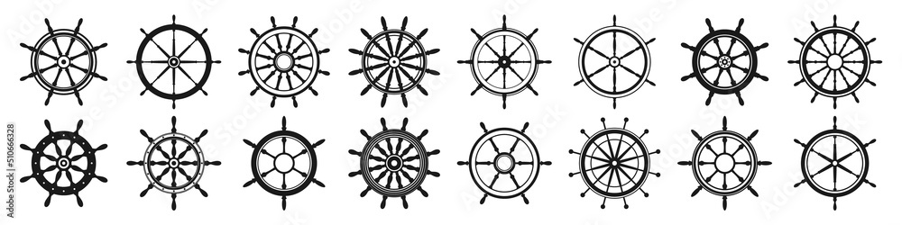 Collection of vintage steering wheels. Ship, yacht retro wheel symbol. Nautical rudder icon. Marine design element. Vector illustration