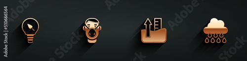 Set Light bulb with leaf, Face in protective mask, Rise water level and Cloud rain icon with long shadow. Vector