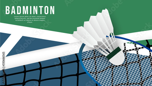 Shuttlecock on the white net and court indoor badminton sports wallpaper   background  with copy space,  illustration Vector EPS 10