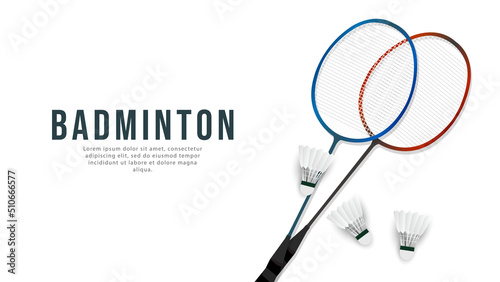 Badminton racket with white badminton shuttlecock isolated on white background with copy space for text  ,  illustration Vector EPS 10 photo