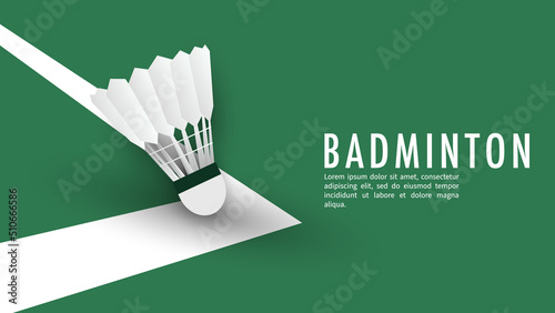 Shuttlecock on white line on green background badminton court indoor badminton sports wallpaper with copy space  ,  illustration Vector EPS 10