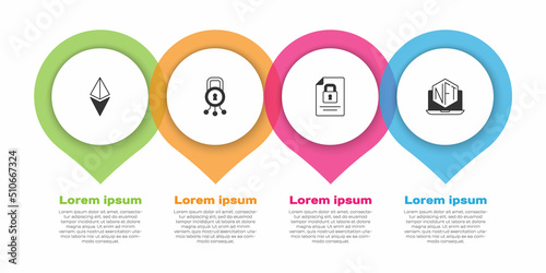 Set Ethereum ETH, Cyber security, Document and lock and Laptop with art store app. Business infographic template. Vector