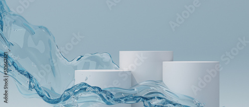 3d cosmetics background refreshing Pure white podium and water splash blue background. 3d rendering illustration podium for cosmetics, banner, or product presentation.
