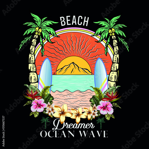 Summer beach  is vector tee shirt summer artwork, tropical sunset. surf and beach. vintage beach print. tee graphic design