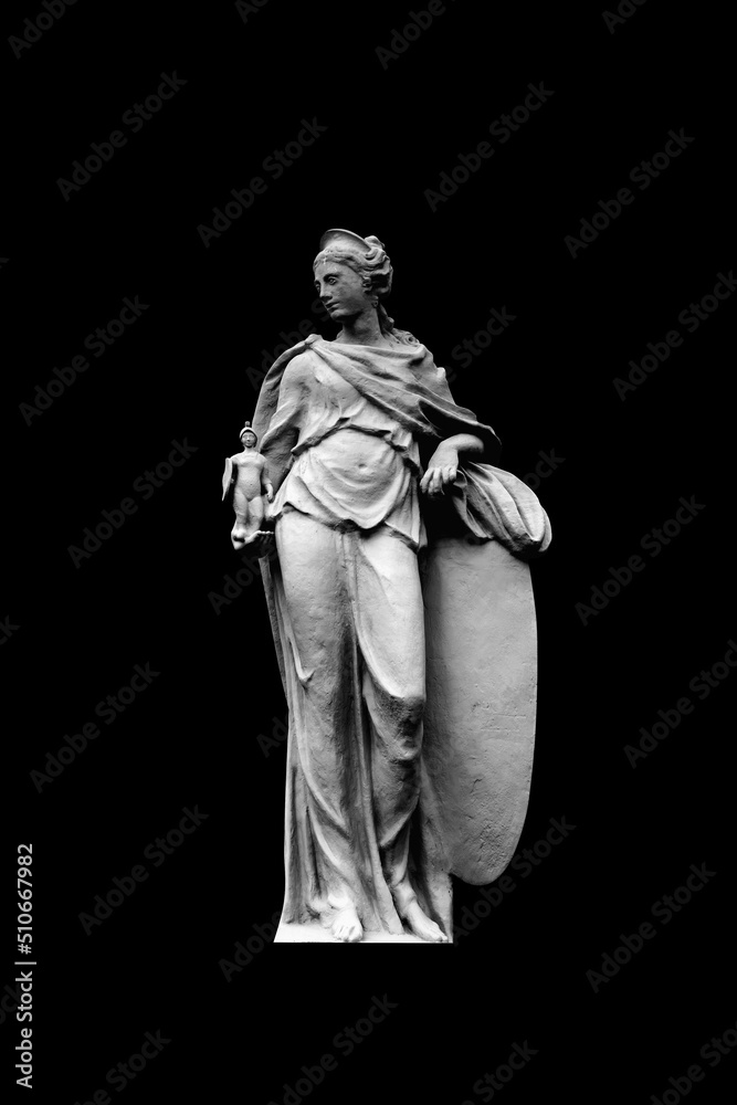 Goddess of wisdom and victory Athena. She holds the winner's warrior in her hand. Black and white vertical image.