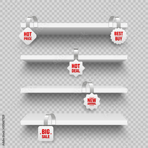 Realistic vector store shelves, supermarket promotional wobblers. Product shelf with advertising wobbler. Grocery wall rack. Sale or discount price tag.