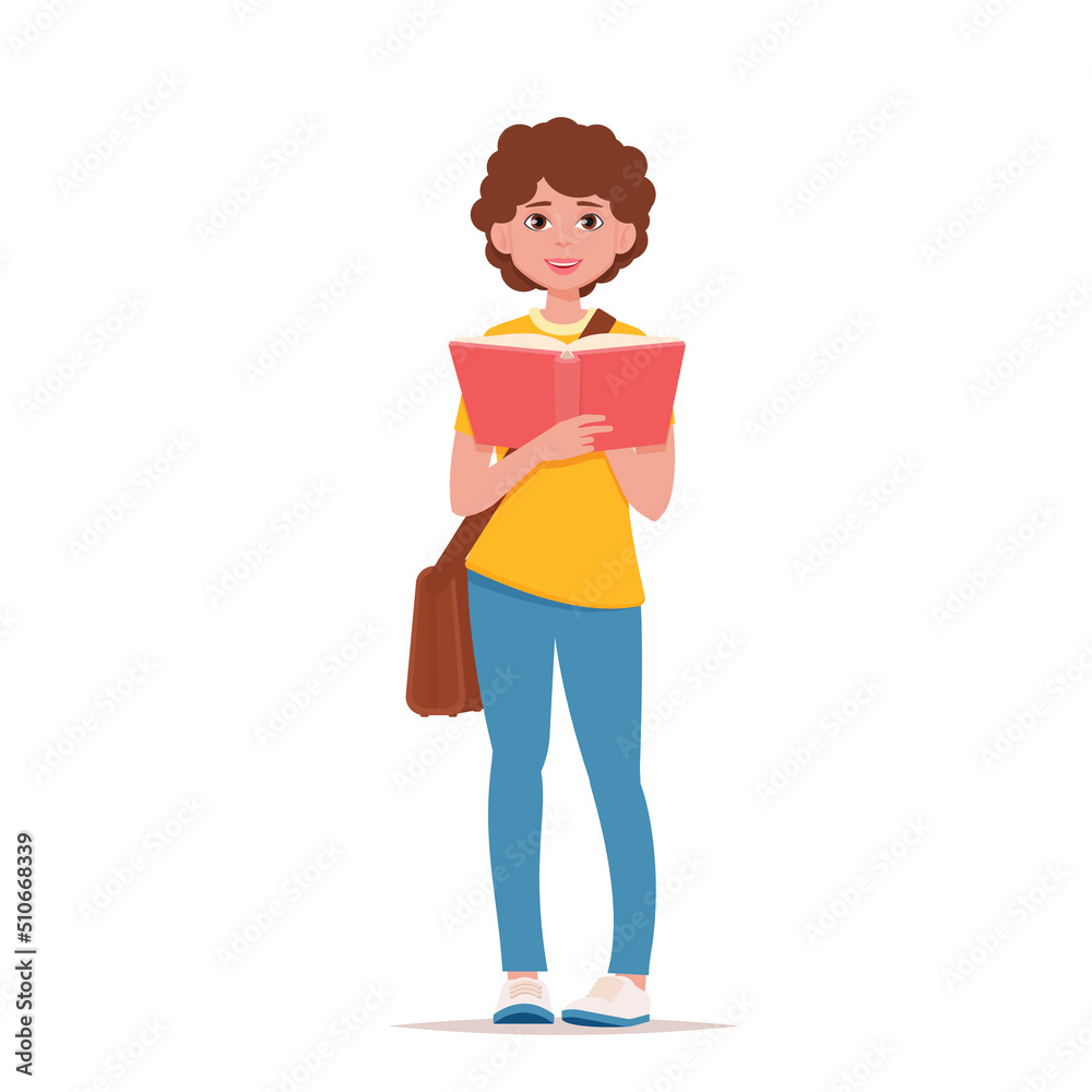 Girl holding Book while standing. Vector illustration. Girl holding Book while standing. Vector illustration.
