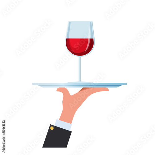 Waiter carrying wine glasses on the tray. Vector isolated on a white background