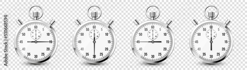 Realistic classic stopwatch icons. Shiny metal chronometer, time counter with dial. Countdown timer showing minutes and seconds. Time measurement for sport, start and finish. Vector illustration