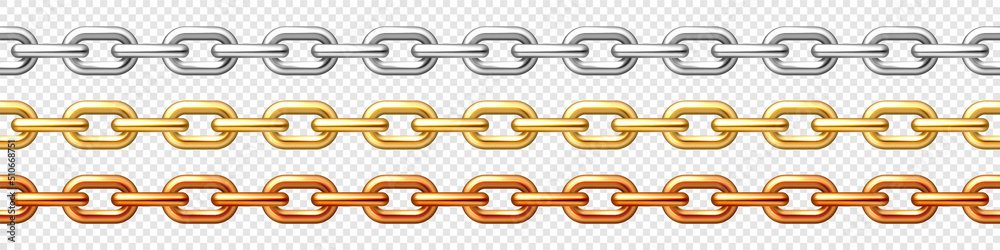 Realistic seamless golden, silver and bronze chains on checkered background. Metal chain with shiny gold plated links. Vector illustration. Realistic seamless golden, silver and bronze chains on checkered background. Metal chain with shiny gold plated links. Vector illustration.