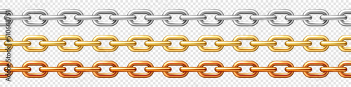 Realistic seamless golden, silver and bronze chains on checkered background. Metal chain with shiny gold plated links. Vector illustration.