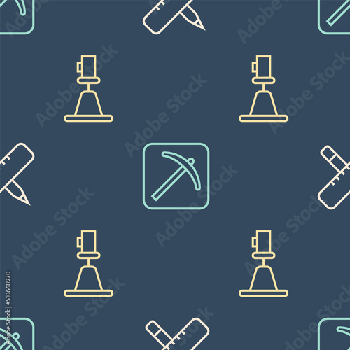 Set line Crossed ruler and pencil, Tacheometer, theodolite and Pickaxe on seamless pattern. Vector